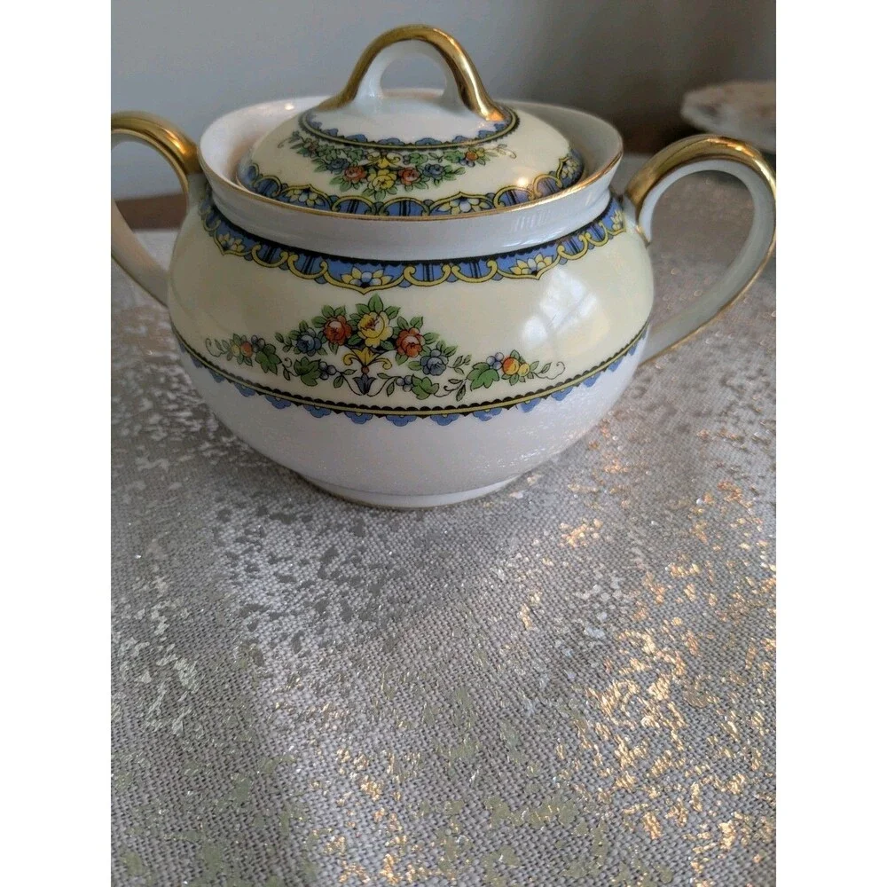 Noritake Avril China Creamer & Sugar w Lid 1918-1931 Floral Gold Blue Antique
